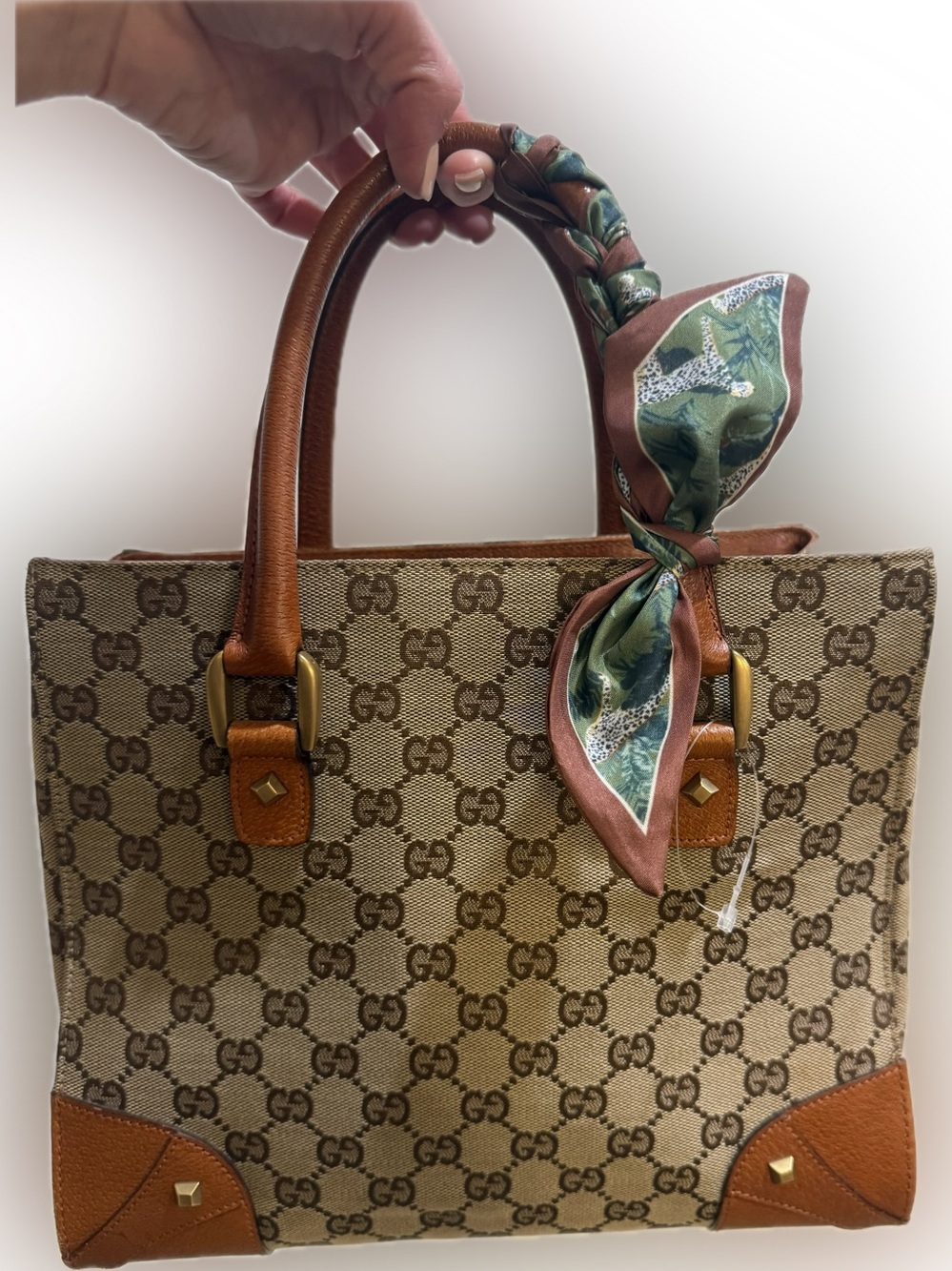 Gucci Beige GG Monogram Tote with Brown Leather Trim with COA